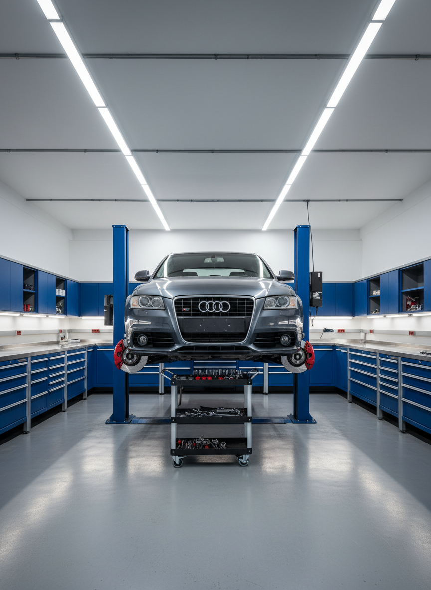 A clean, professional automotive service bay focused on a dark metallic sedan raised on a hydraulic lift, its wheels removed to reveal neatly arranged brake components and suspension. Around the car, organized tool cabinets in deep blue and stainless steel line the walls, with clearly labeled drawers and a spotless grey epoxy floor reflecting subtle highlights. Cool white LED ceiling lights provide even, shadow-free illumination, emphasizing a sense of precision and reliability. Captured at eye level with sharp focus throughout, the composition uses the rule of thirds to center the car as the hero. The atmosphere is modern, trustworthy, and efficient, rendered in photographic realism to represent a high-quality, well-managed auto repair workshop.