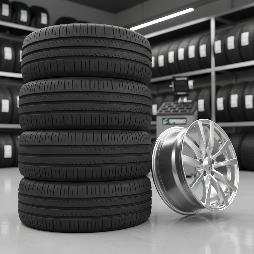 A close-up, photographic realism scene of four brand-new car tires with deep, crisp treads, stacked neatly beside a glossy alloy wheel on a clean workshop floor. The rubber appears slightly matte with subtle texture, while the alloy wheel has a bright silver finish with sharp, defined spokes. In the softly blurred background, shelves filled with labeled tire inventory and a wheel balancing machine add context. Cool, even LED workshop lighting creates gentle highlights on the metal and soft shadows around the stack. Shot from a slightly low, three-quarter angle with shallow depth of field, the mood is professional and dependable, ideal for showcasing tire replacement services in a modern automotive shop.
