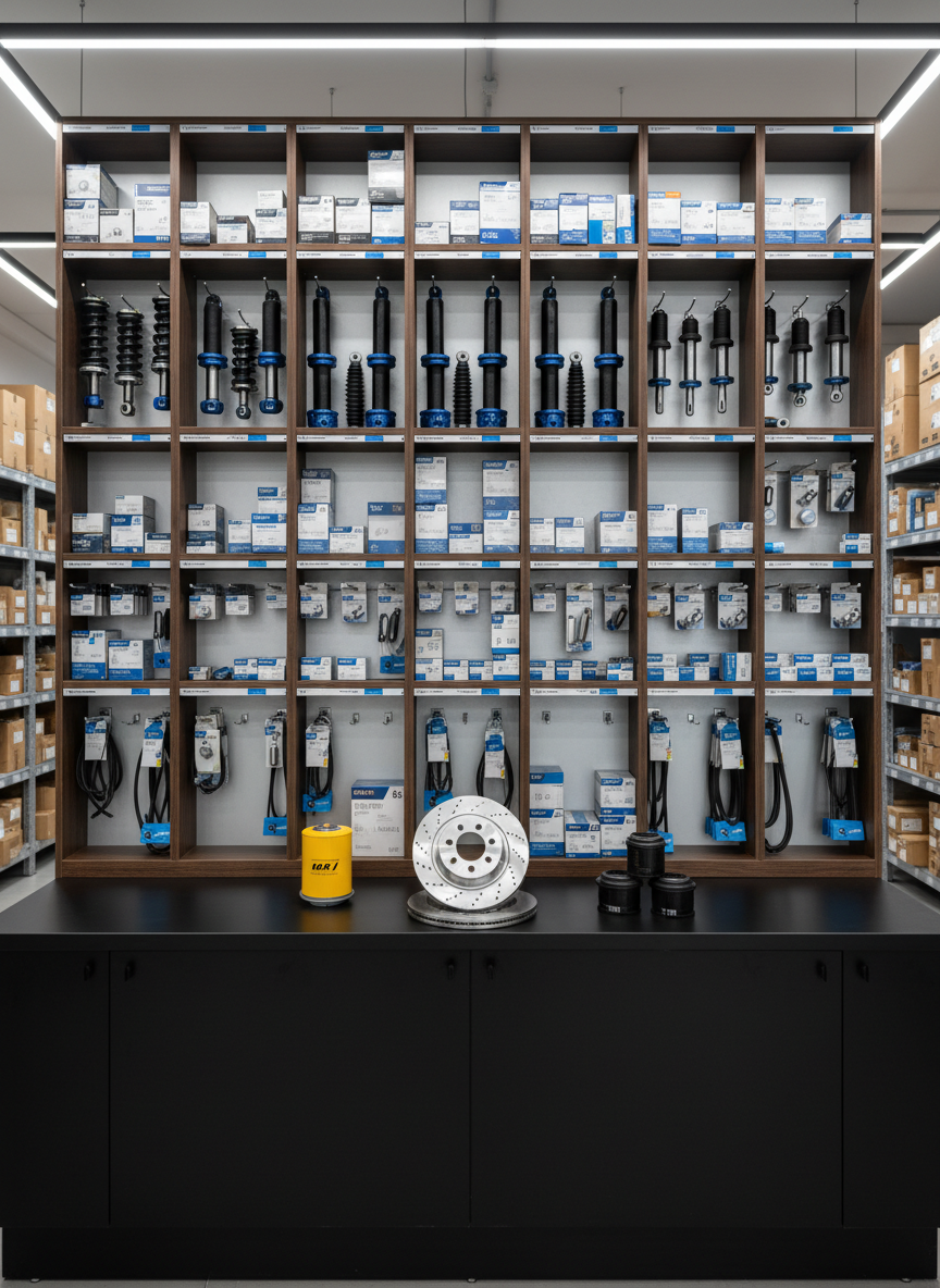 A meticulously arranged display wall inside an auto parts shop, filled with neatly hung and shelved spare parts such as shock absorbers, brake pads, filters, belts, and spark plugs, each with clear, uniform labeling. Below, a sturdy black counter showcases a few highlighted products: a bright yellow oil filter, a metallic silver brake disc, and a set of polished suspension bushings. The background includes organized storage racks fading into a subtle blur. Bright, neutral LED lighting ensures high clarity and accurate color representation, with minimal shadows. Captured from a straight-on eye-level angle with sharp focus on the central products, the mood is orderly, professional, and trustworthy, perfectly representing an organized parts and suspension repair service area.