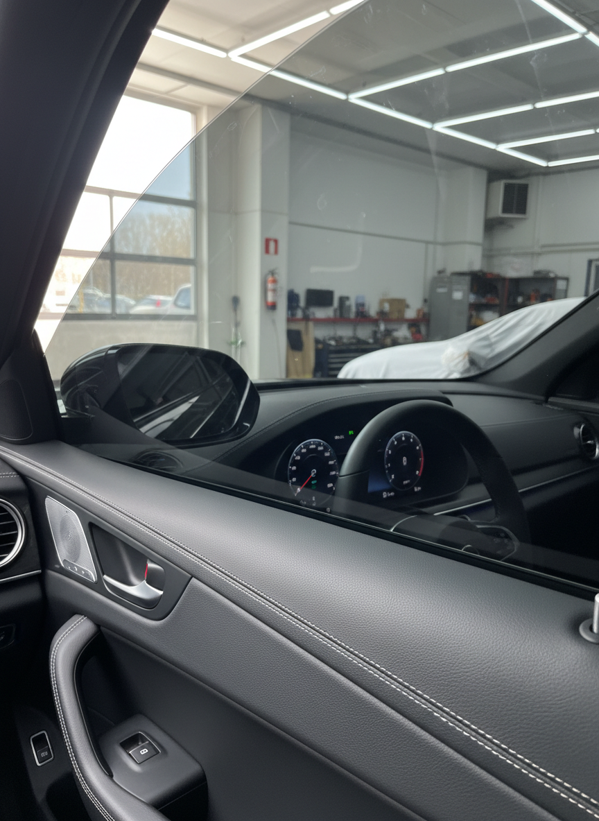 A detailed interior shot of a car dashboard and front door panel during a high-quality window film installation. The focus is on the side window glass already covered with a smooth, dark, premium tint, showing no bubbles or imperfections. The door panel features clean, textured black materials and precise stitching, while the dashboard with an illuminated instrument cluster glows softly in the background. Outside the window, the workshop interior appears subtly blurred. Soft, diffused daylight mixed with gentle overhead LED lighting creates an even, reflections-controlled look on the glass. Photographic realism, eye-level composition, and a calm, meticulous atmosphere convey professionalism and expertise in automotive window tinting services.