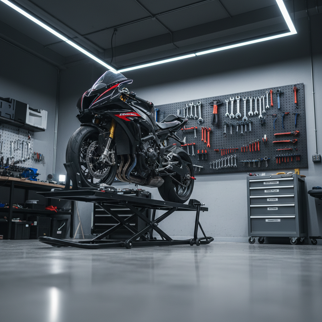 A compact corner of a professional workshop dedicated to motorcycle repair, featuring a sleek black and red sport motorcycle lifted on a sturdy service stand. Around it, organized tools hang on a perforated steel board, including wrenches, torque tools, and tire levers, all aligned with precision. The floor is spotless concrete with faint reflections, and a small cabinet of labeled spare parts sits nearby. Bright overhead LED lighting casts crisp, clean light with subtle shadows under the bike and stand. Shot from a slightly low angle to emphasize the motorcycle, with moderate depth of field keeping the workspace readable, the photographic realism and orderly composition convey expert motorcycle servicing within an automotive-focused shop.