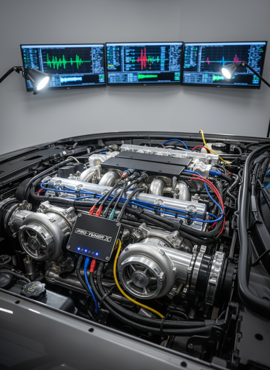 An engine bay of a modern car with the plastic cover removed, revealing clean metallic engine components and wiring, with a sleek aftermarket ECU tuning device securely mounted near the firewall. Color-coded cables and tidy wire looms emphasize expert electrical work. The car is parked inside a tidy garage with grey walls and neatly mounted diagnostic equipment screens softly glowing in the background. Bright, focused LED task lights illuminate the engine from above and the side, creating controlled reflections on metal surfaces while keeping shadows minimal. Captured from a slightly elevated angle with a medium depth of field, the composition feels technical and precise, highlighting professional ECU remapping and engine tuning services in a trustworthy, high-tech environment.